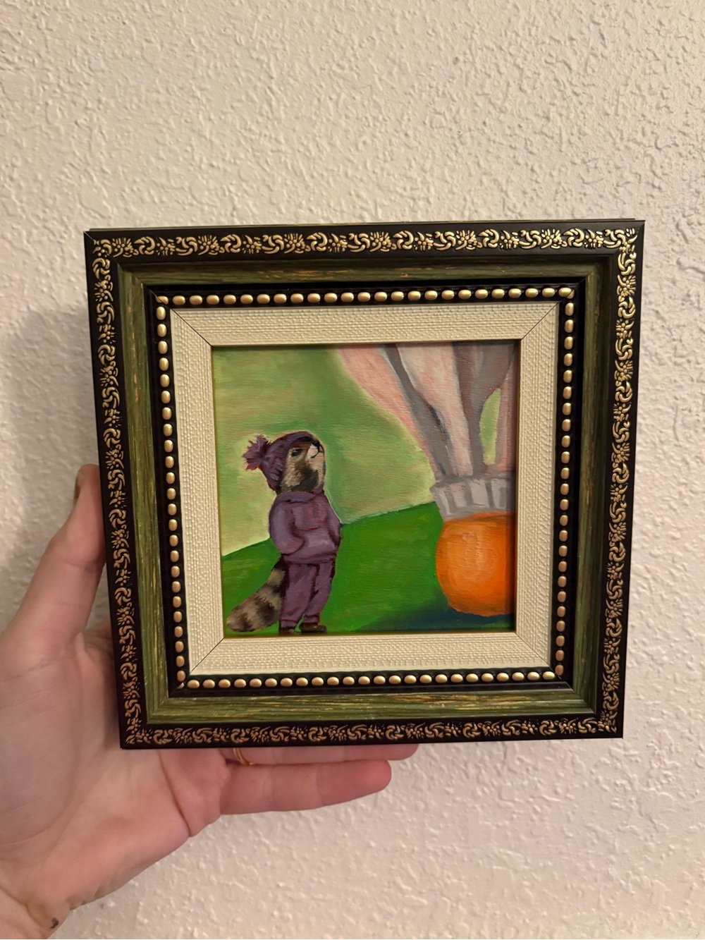 "Nelson Atkins Raccoon” Original oil painting on wood board mini framed 4x4"